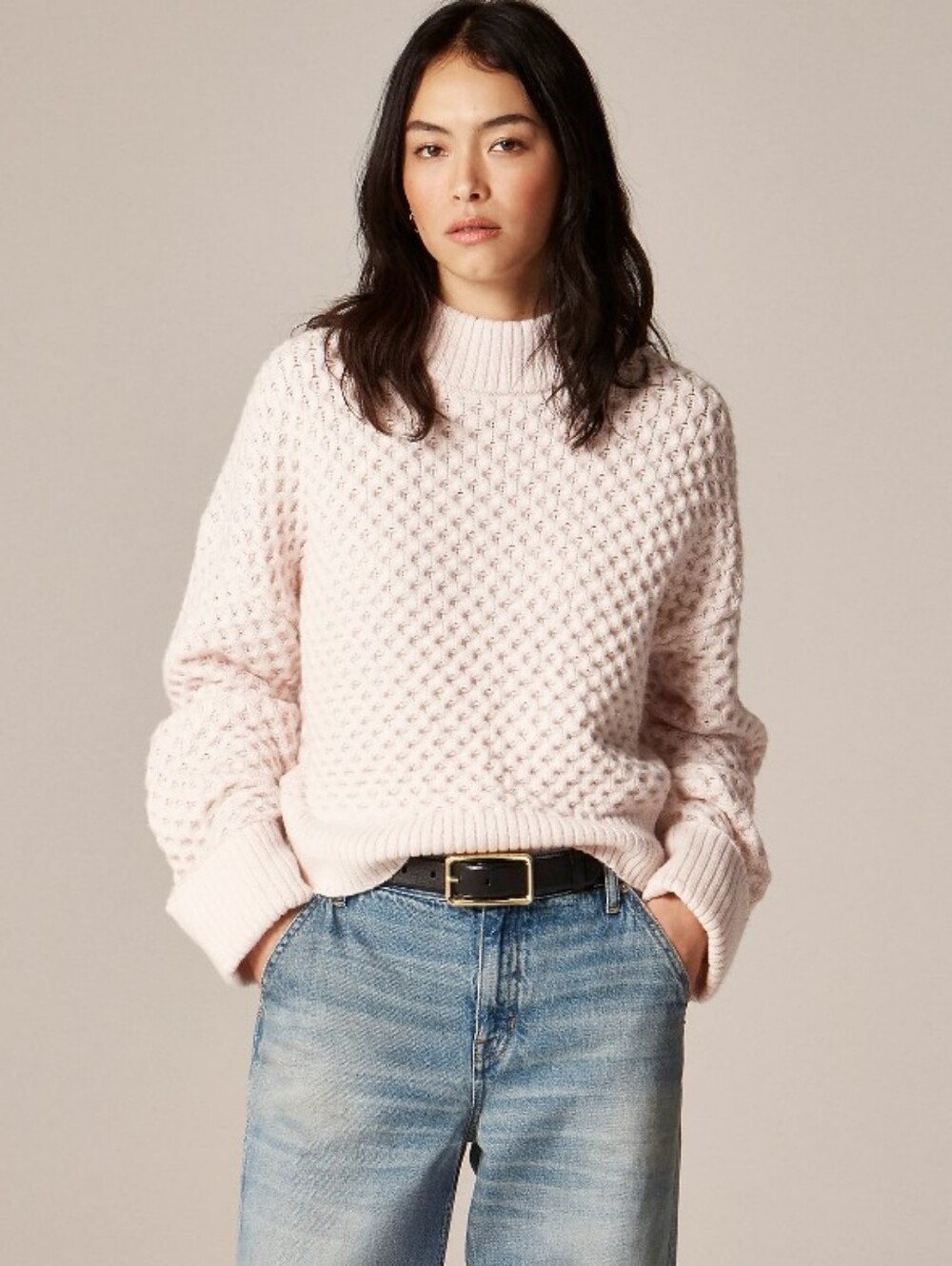 J. Crew Honeycomb Mockneck Sweater Wool Blend Pale Pink Size Medium